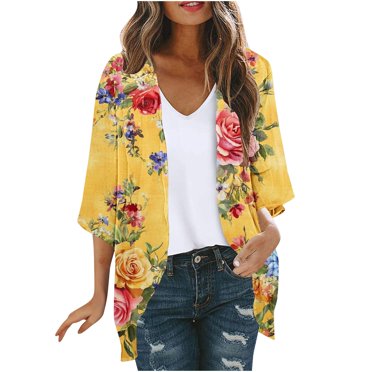 yoeyez Kimono Cardigans for Women Women's Floral Print Chiffon Short Sleeve Blouses Loose Lightweight Summer Beach Cover Up Multicolor,M