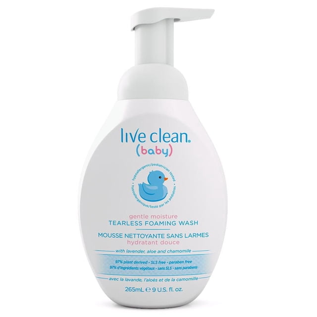 Live Clean Baby Gentle Moisture Tearless Foaming Wash in a white pump bottle with blue and pink text and a blue duck logo, containing 265 mL (9 U.S. fl. oz.) of hypoallergenic, plant-derived baby wash enriched with organic lavender, aloe, and chamomile, free from SLS, parabens, and dyes for gentle cleansing and moisturizing.