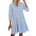 thumbnail image 1 of hotojiny Robes de Printemps pour Femmes Tendance à Carreaux Col en V Ourlet à Volants Robe Décontractée Manches 3/4 Boutonnée Tunique à Étages, 1 of 6