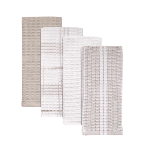 Better Homes & Gardens Kitchen Towel 4 pack of oversized 100% cotton woven towels in beige and white with waffle and plaid textures, measuring 30 by 20 inches, suitable for drying dishes and wiping kitchen surfaces.