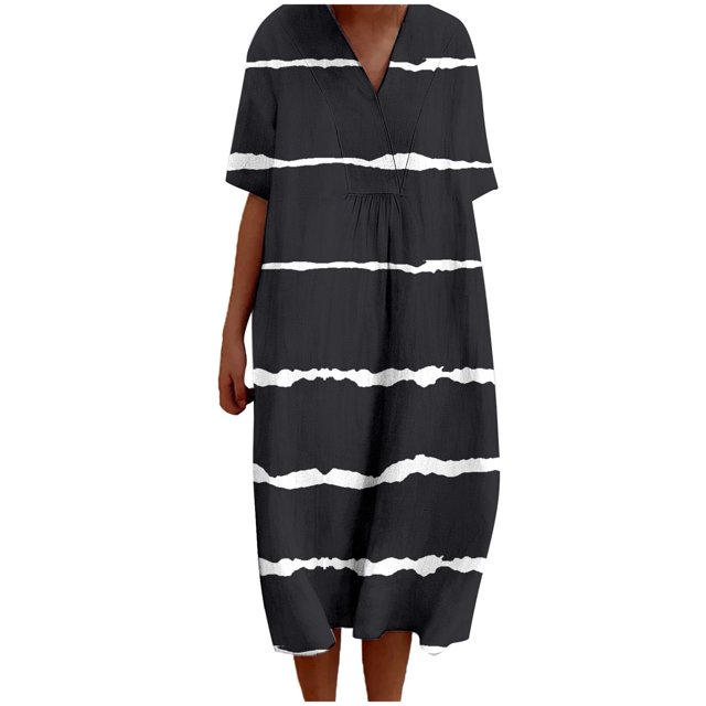 TJAZFJPA Robes de Designer pour Femmes Mode Féminine Été Style Plage Imprimé Col en V Manches 5/4 Robe Décontractée (1) Grande Taille Robes Blanches pour Femmes Robe Plissée pour Femmes