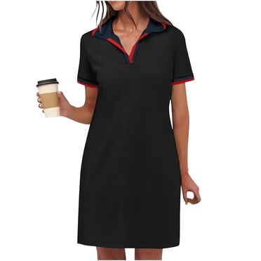 LOVZFMLL Robe Polo pour Femmes Été Décontractée Col en V Manches Courtes Fluide Couleur Contrastante Coupe Droite Robes T-Shirt avec Poches Noir A TG