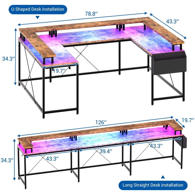GloryStar U Shaped Home Office Desk, Reversible L Shaped Gaming Computer Desk with Power Outlets,126 Inch Computer Desk with Monitor Stand and LED Lights,Storage Shelves,Storage Bag and Hooks