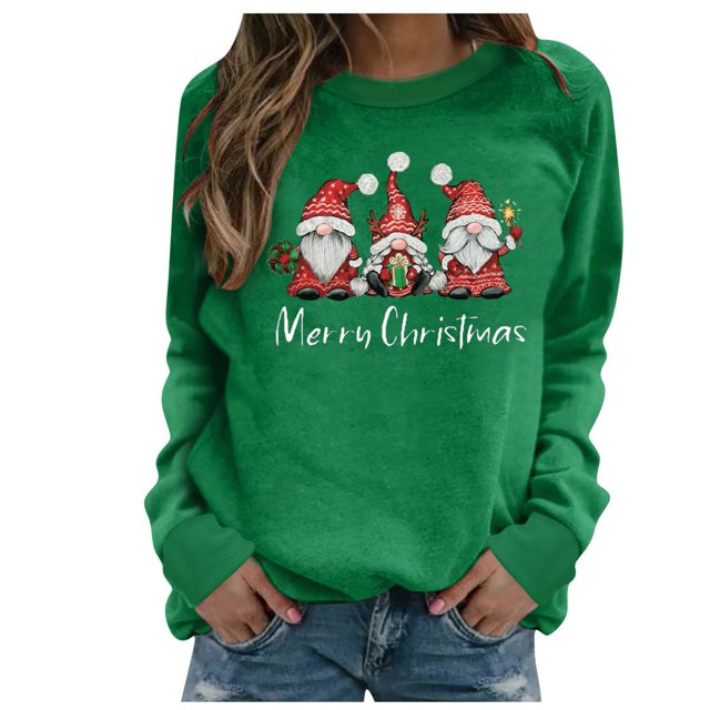 jsaierl Chandails de Noël pour Femmes à Manches Longues, Haut Graphique avec Gnomes, Chandail à Col Rond Amusant, Chandail Graphique pour Femmes, Mode 2024