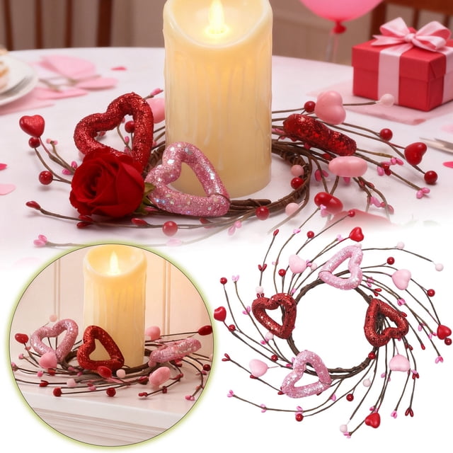 Anneau de Bougie de la Saint-Valentin, Centre de Table Floral avec Verdure et Baie pour Table