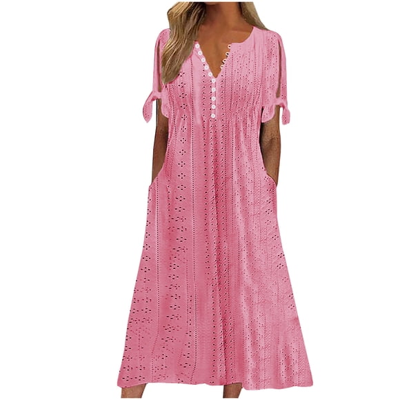 Staron Sundresses for Women 2025 Lace Eyelet Short Sleeve Summer Midi Dresses Loose Beach Vacation Casual V Neck Sundress Dresses