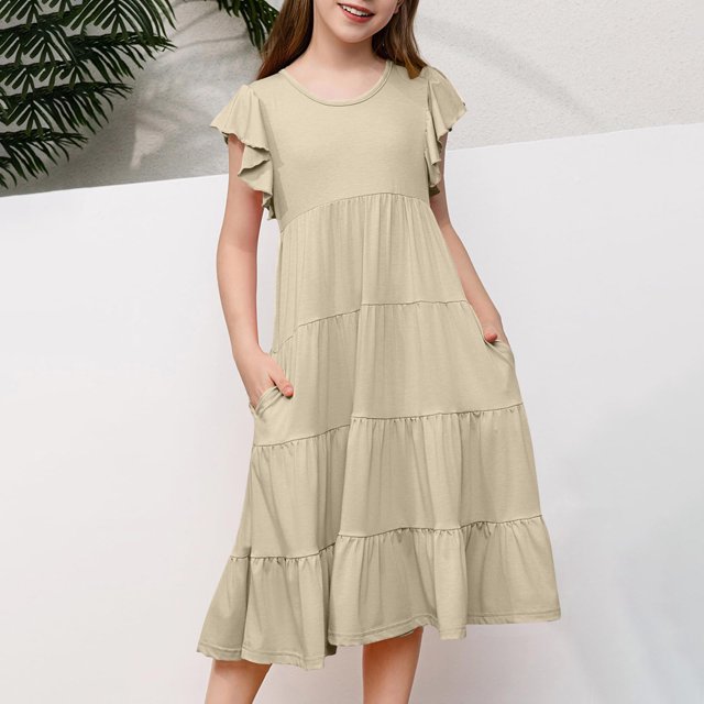 Qertyioot Robes pour Filles à Manches Volantées, Robe d'Été Trapèze Décontractée, Robe Midi Évasée à Étages avec Poches