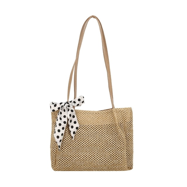 Women Straw Woven Handbags Vintage Silk Ribbon Large Shoulder Bags (Beige)