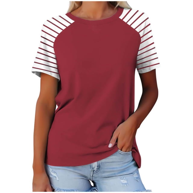 Timegard Hauts pour Femmes à Rayures Manches Courtes Col Rond Confortable Décontracté Ample Haut Blouse T-Shirts Basiques