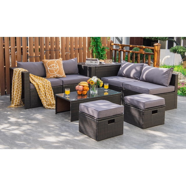 Costway Ensemble de Mobilier de Terrasse en Rotin 8 Pcs Rangement Peu Encombrant Coussin Housse Grise