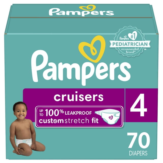 Pampers Cruisers Diapers Size 4 box in teal with purple label showing 70 diapers, featuring up to 100% leakproof custom stretch fit and pediatrician recommended brand, with a toddler wearing a diaper kneeling on the left side.