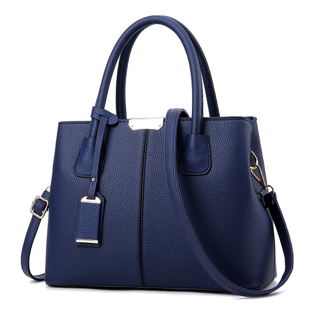 TheFound Women's Solid Color Bag Elegant Dual Purpose Handbag Shoulder Packs in a deep blue PU leather material. Features a structured design with dual top handles and a detachable shoulder strap for versatile use. The bag has a large capacity suitable for carrying essentials like an iPad mini, wallet, and makeup. Ideal for casual occasions such as shopping, work, or travel.