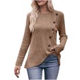 thumbnail image 3 of Pompotops Women's Solid Round Neck Stripe Brushed Bottom Solid Button T-shirt Top Clearance, 3 of 7