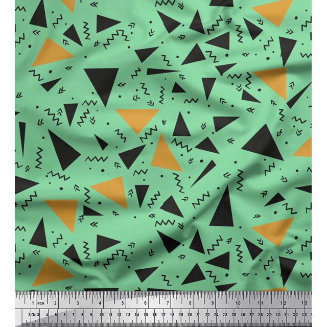 Soimoi Green Poly Georgette Fabric Dot,Zig Zag & Triangle Geometric Print Fabric by Yard 42 Inch Wide