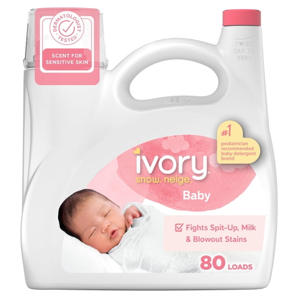 Détergent à lessive liquide Ivory Neige pour bébés, 3,2 L, 80 brassées, s’attaque à 100 % des taches courantes chez les bébés, détergent à lessive