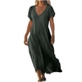 thumbnail image 3 of WRKEKC Robes d'Été Décontractées pour Femmes, Robes d'Été Grande Taille, Robe Jupe à Manches Courtes en Lin Uni à Col en V pour Femmes, 3 of 8