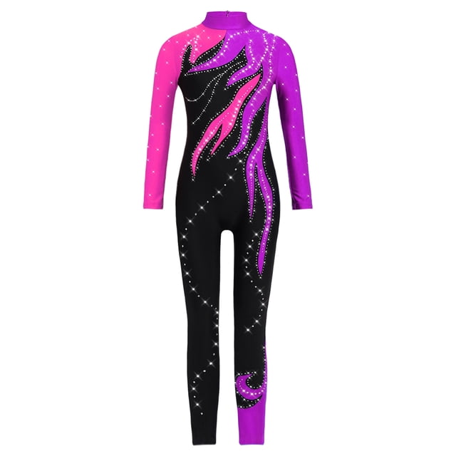 CHICTRY Kids Girls Sparkly Rhinestone Long Sleeve Unitard Full Body Jumpsuit One Piece Bodysuit Hot Pink&Purple 6