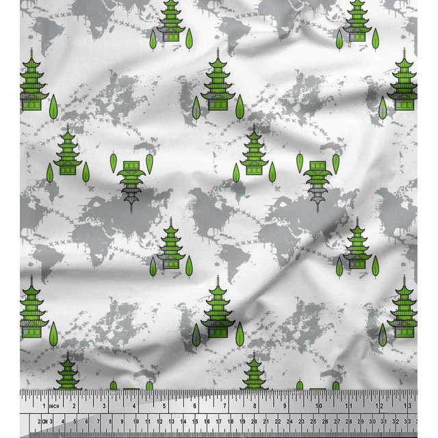 Soimoi Green Georgette Viscose Fabric Tree & World Map Print Fabric by the Yard 42 Inch Wide