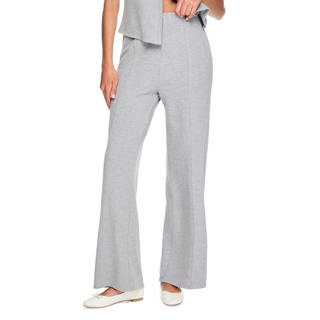 George Women's Ribbed High Waist Wide Leg Pant black rib knit, front-facing view with high elasticized elasticized waistband, visible front seams and relaxed wide-leg silhouette; soft stretch fabric (89% recycled polyester, 8% rayon, 3% spandex) for lounge-to-office wear, often paired with fitted tanks or oversized sweaters.