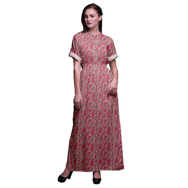 Bimba Robe Longue Imprimée en Rayonne à Feuilles, Taille Smockée, Fente Latérale, Robe pour Femme - Xxx-Grand