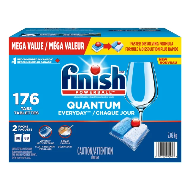 Finish Quantum Everyday Dishwasher Detergent, 176 Tablets, packaged in a blue box with bold branding and product details. Highlights include a faster dissolving formula, grease-fighting power, and virtually spotless shine. Contains two packs of 88 dishwasher pods, ideal for deep cleaning without pre-rinsing.