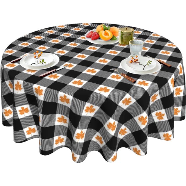 Nappe à Carreaux d'Automne Nappe à Carreaux Noire et Blanche Ronde 60 Pouces Réutilisable Nappe Feuille d'Érable d'Automne pour Fête des Fêtes Souper Décoration de Table de Salle à Manger