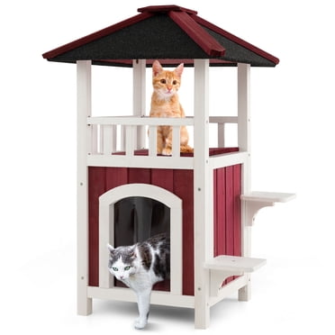 Costway Maisonnette Extérieure pour Chat à 2 Niveaux, Abri pour Chat en Bois avec Toit en Asphalte et Plancher Amovible