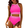 thumbnail image 2 of Penkiiy Swimsuit Set for Women 2 Piece Ribbed High Waisted Bikini Set Sporty Color Block Bathing Suits XL Hot Pink, 2 of 7