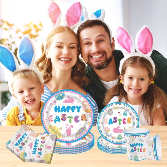 Tdxkok 64Pcs Easter Bunny Decoration Party Gathering Supplies Disposable Paper Plates Tissue Paper Cups Set Happy Easter Decorations