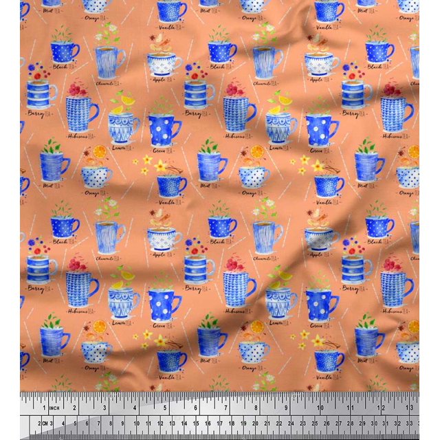 Soimoi Velvet Fabric Spices & Tea Cup Watercolor Printed Fabric 1 Yard 58 Inch Wide