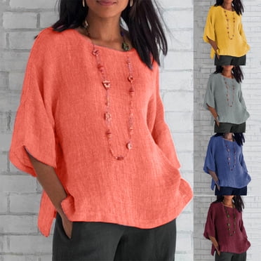 Women's Ladies Fashion Cropped Sleeves Round Neck Cotton Loose Shirt Blouse,Summer Plus Size Loose Fitting Tops For Women Sale