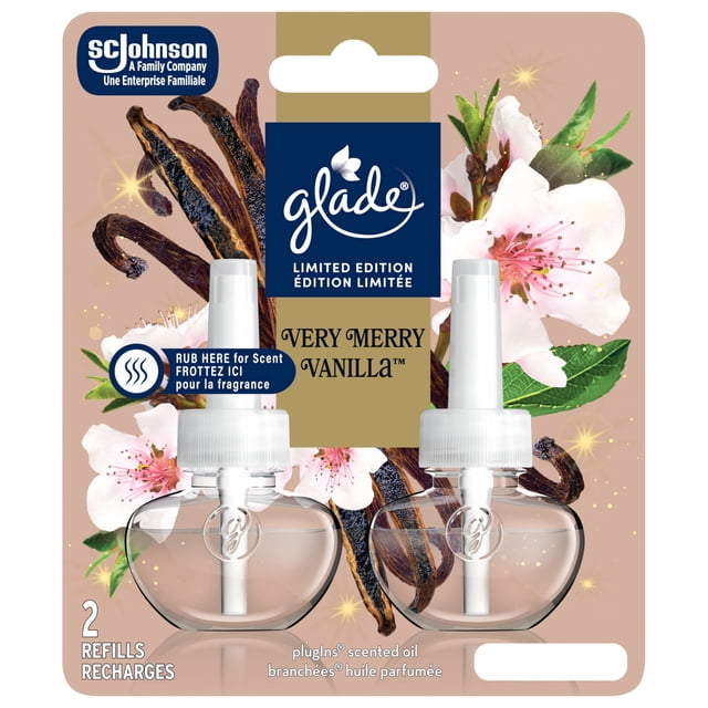 Glade Plugins® Air Freshener Oil Refill Very Merry Vanilla™ limited edition pack with two clear plug-in scented oil refills, featuring vanilla pods and white orchid flowers on packaging, ideal for continuous home fragrance and seasonal ambiance.