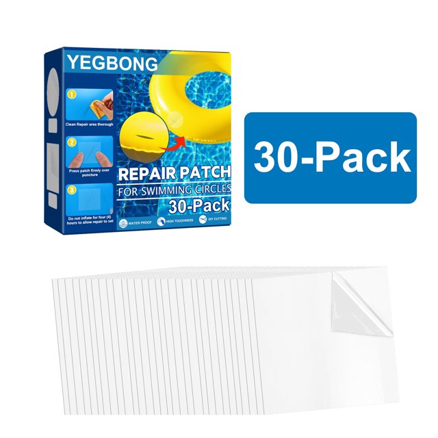 RKSTN The Patches 30PC Repair Patches Kit for Inflatable Pools, Inflatable Toys, Beds. The kit includes 30 transparent vinyl patches, each measuring 6x6 cm, designed for quick and easy repairs of small slits or leaks in inflatable items. The patches are strong, adhesive, and can be cut to the desired size. The packaging features clear instructions for application, making it suitable for repairing water bales, pools, inflatable toys, and other inflatable products. Ideal for home use and crafting projects.