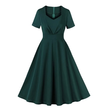 AherBiu Robes des Années 1950 pour Femmes Vintage à Manches Courtes Plissées Fluides Ligne A Cocktail Fête Bal Robe Midi