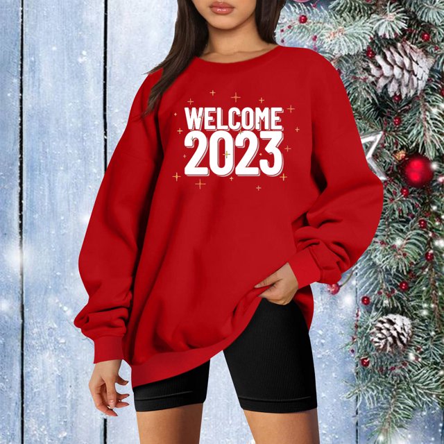 Costumes de Noël en Solde Femmes Classique Nouvel An Imprimé de Noël Col Rond Manches Longues Sweat-Shirt Ample pour Femmes