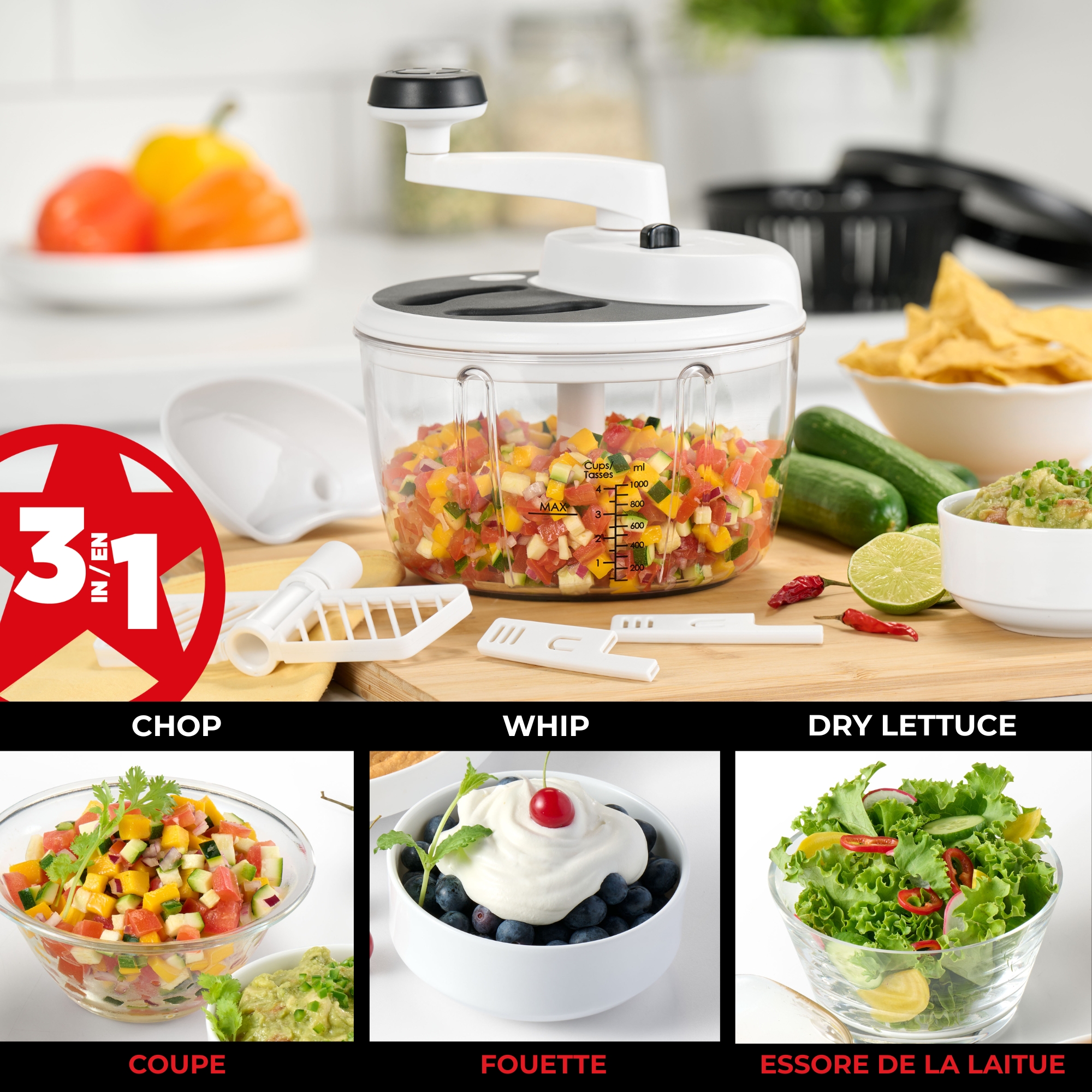 Starfrit Pro Food Processor & Mixer 3-in-1 Manual Food Chopper, Whisk & Salad Spinner, Ice Crushing, 2 Speeds, 1L Bowl, Salsa, Hummus, Mayo & Dressing