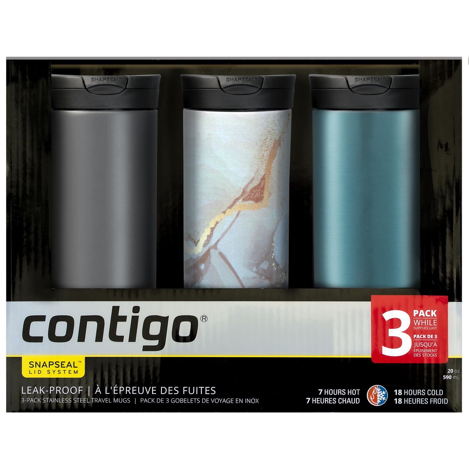 Contigo 590mL Huron SnapSeal Gobelet de Voyage Isolé, Paquet de 3