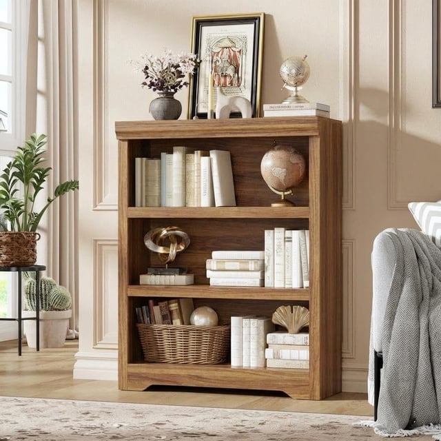 Modern MDF Bookshelf - 3 Tier Farmhouse Bookcase with Adjustable Open Shelves, Sturdy Storage Rack for Home Office, Study, Library, Living Room, Space-Saving, Easy Assembly, 3 Layers, W800
