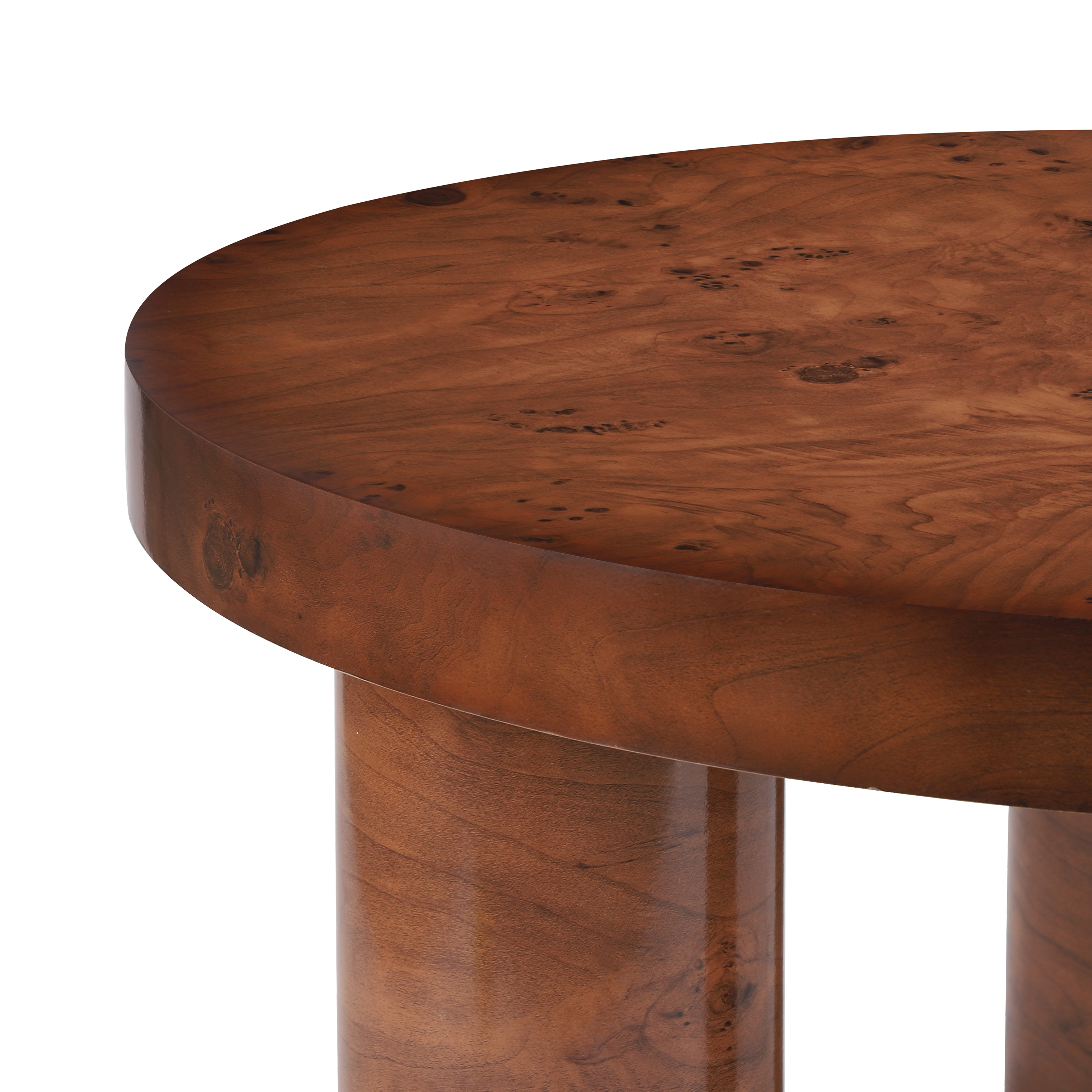 Table basse ronde moderne Noble House 80 cm, fini placage loupe, noyer