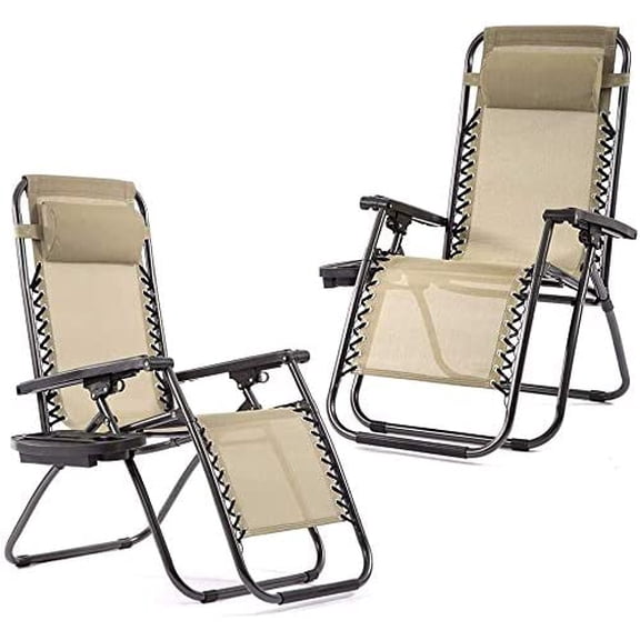 FDW Set of 2 Zero Gravity Chair, 250 lbs Weight Capacity Outdoor Folding Reclining Patio Lounge Camping Chairs with Pillow & Cup Holder, Steel/Textilene, Tan