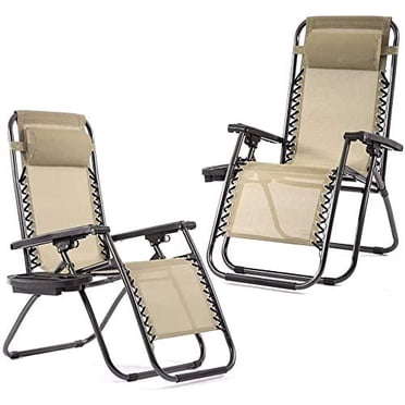 FDW Ensemble de 2 Chaises Zéro Gravité, Capacité de Poids de 250 Lb, Chaises Longues Inclinables Pliantes d'Extérieur pour Patio et Camping avec Oreiller et Porte-Gobelet, Acier/textilène, Beige