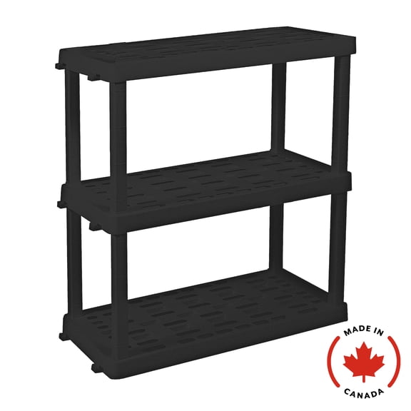 Étagère de rangement de garage en plastique ultra-résistant, 3 niveaux, 96,5 cm (H) x 45,7 cm (P) x 91,4 cm (L), noire, capacité de charge 204 kg