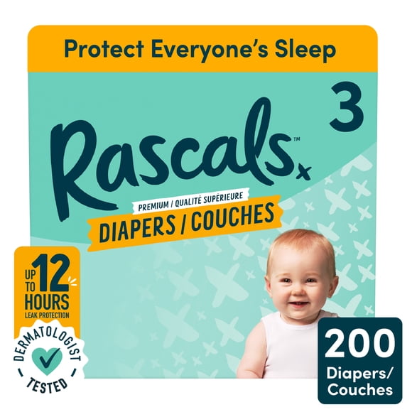 Rascals Premium Absorbent Baby Diapers, Size 3, Mega Carton, 200 Count