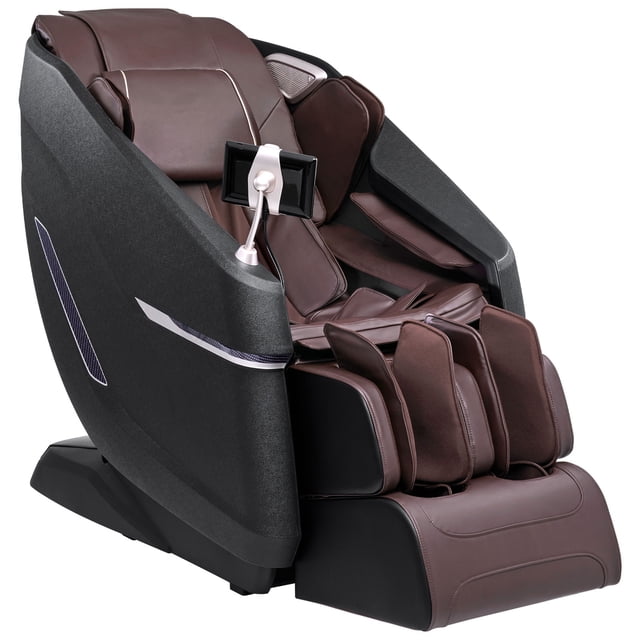KFFKFF Relaxation Chair featuring Adaptable SL-Track, Zero Gravity Massage Recliner, 3D Shiatsu Technique, Warming Function, Bluetooth Connectivity, Foot Massager, and Interactive Touch Screen. The chair is crafted with semi-PU leather in a rich brown tone, complemented by a sleek black frame. It includes adjustable width settings, retractable footstools, and a user-friendly touchscreen for personalized massage experiences. Designed for full-body massage, it incorporates 32 airbags, lumbar heating, and a built-in Bluetooth speaker for immersive relaxation.
