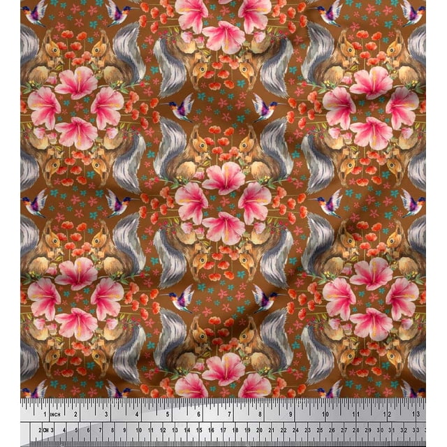 Soimoi Poly Georgette Fabric Floral,Hummingbird & Squirrel Animal Print Fabric by The Yard 52 Inch Wide