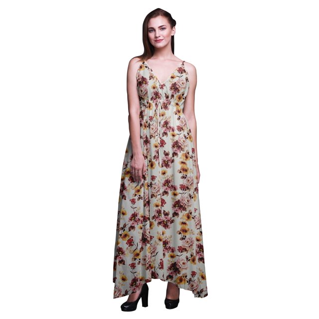 Bimba Robe Longue de Villégiature à Imprimé Floral pour Femmes, à Cordon, Bretelles Spaghetti, Tenue de Plage - Grande