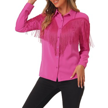 INSPIRE CHIC Women's Fringe Blouse Long Sleeve Button Down Disco Party Shirts Pink XL