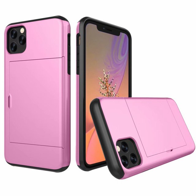 iPhone11 ProMax Case Hybrid Rugged Hard Back Cover with ID Credit Card Slot Holder Wallet Case for Apple iPhone11 ProMax - Pink