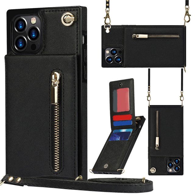 Wallet Case for iphone PU Zipper Wallet Smartphone Case with Card Holder & Shoulder Strap