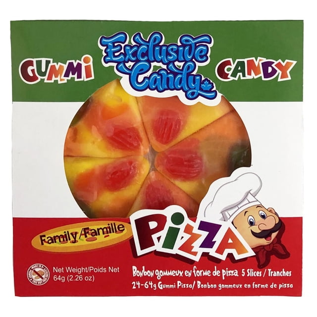 Pizza Gummies family pack with five fruity gummy candy slices shaped like a personal pizza topped with red gummy pieces, packaged in a red, white, and green box featuring bilingual English-French text and a cartoon chef, suitable for candy snacks or party favors.